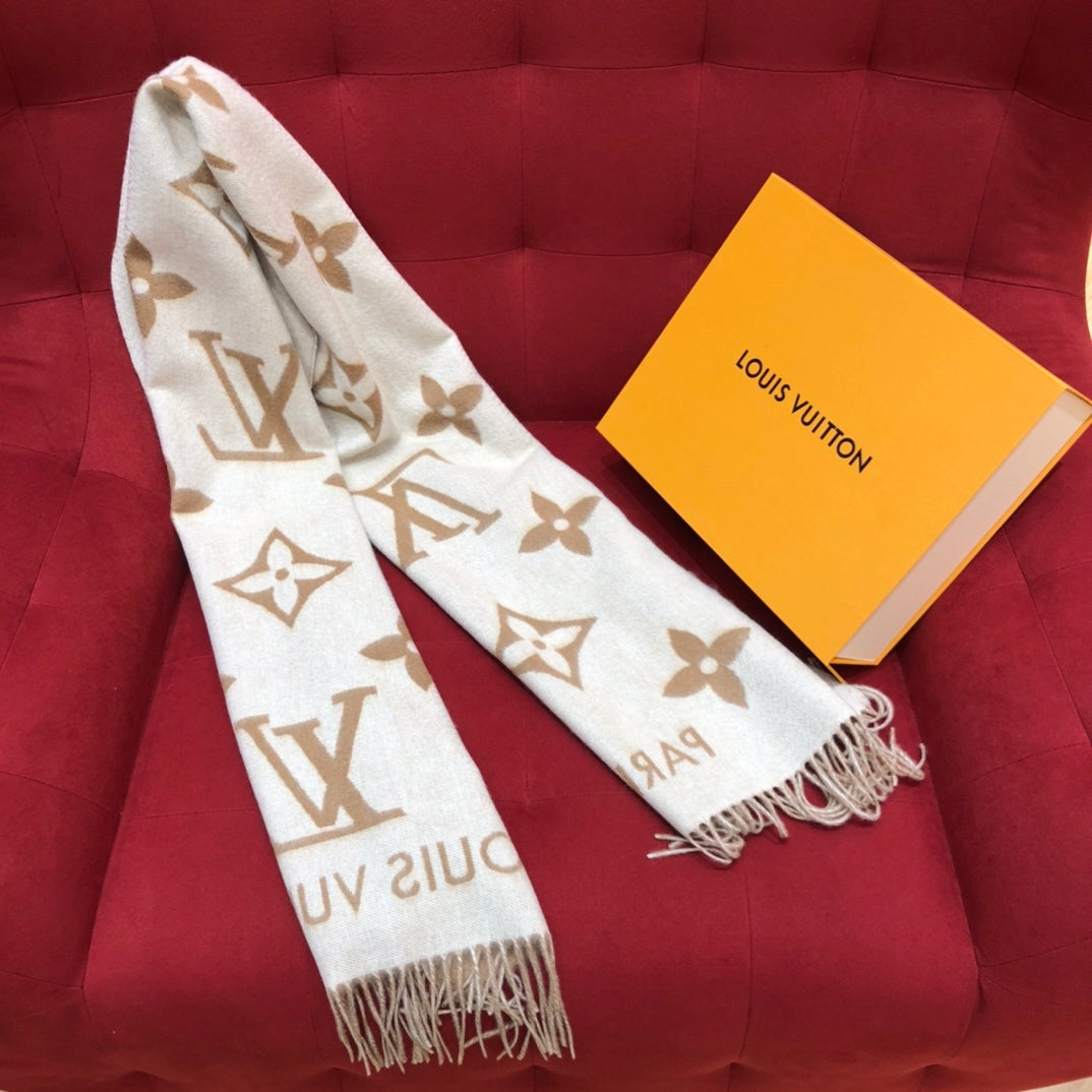 Louis Vuitton Monogram Scarf - Beige and White Wool Cashmere Blend Logo Print Winter Wrap with Fringed Edges - Includes Branded Box