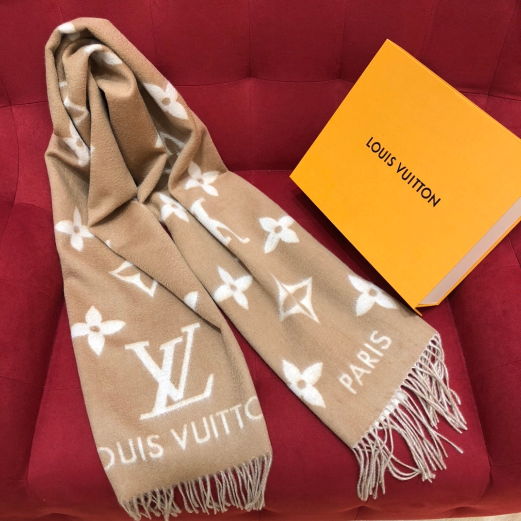 Louis Vuitton Monogram Scarf - Beige and White Wool Cashmere Blend Logo Print Winter Wrap with Fringed Edges - Includes Branded Box