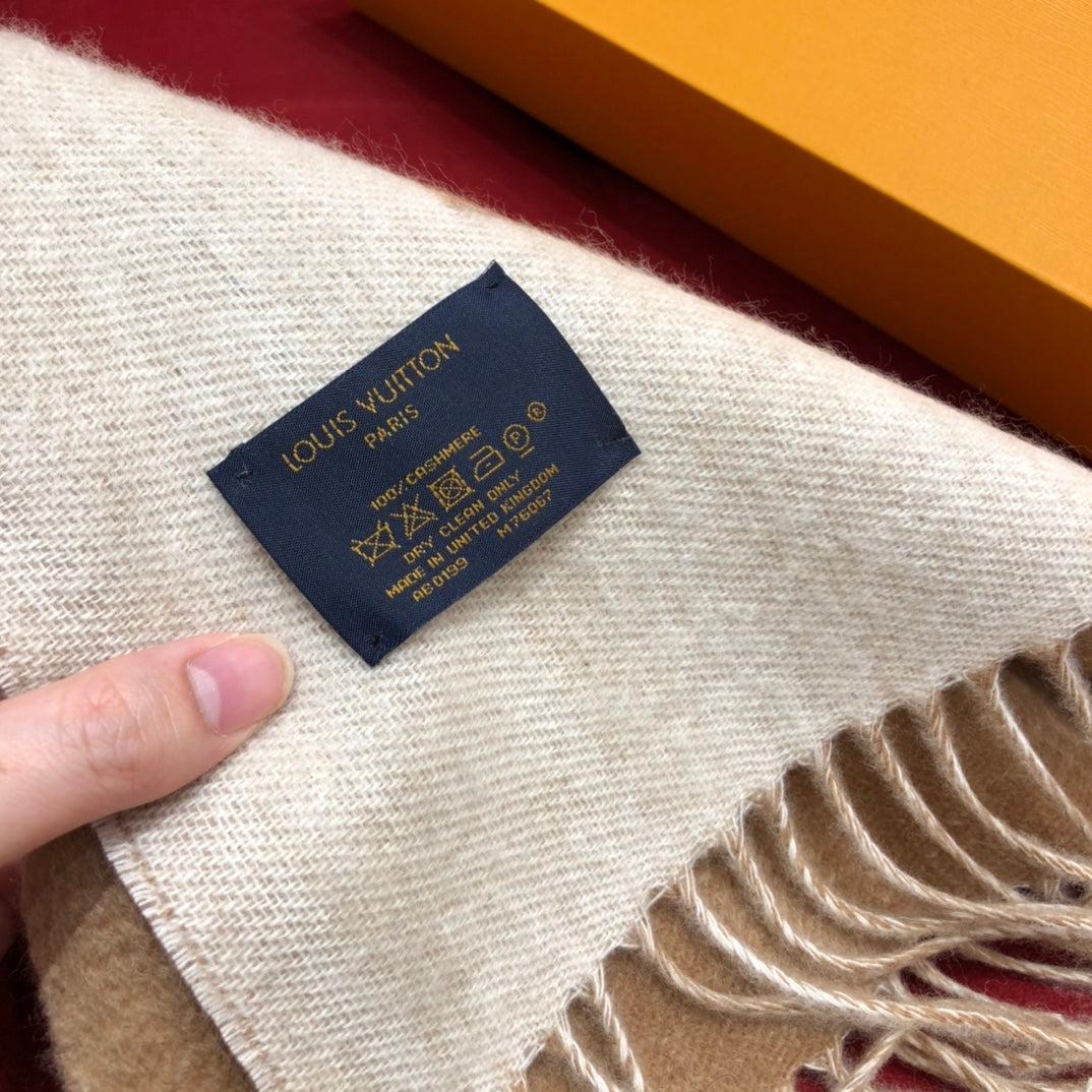 Louis Vuitton Monogram Scarf - Beige and White Wool Cashmere Blend Logo Print Winter Wrap with Fringed Edges - Includes Branded Box
