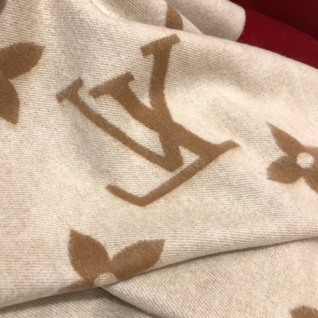 Louis Vuitton Monogram Scarf - Beige and White Wool Cashmere Blend Logo Print Winter Wrap with Fringed Edges - Includes Branded Box
