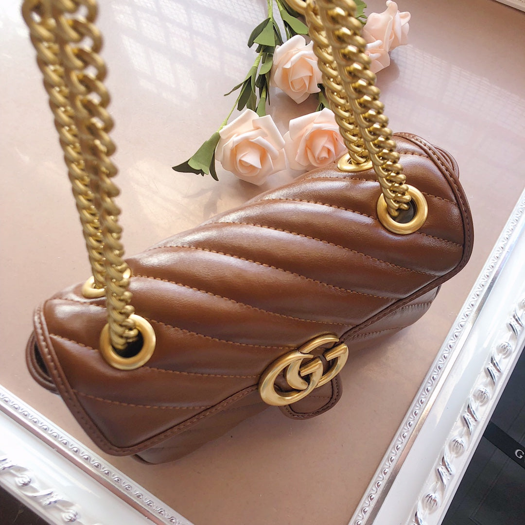 Gucci GG Marmont Small Matelassé Shoulder Bag in Brown Leather