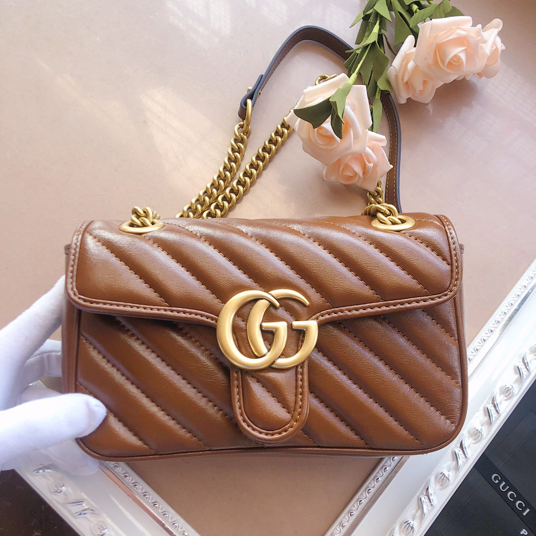 Gucci GG Marmont Small Matelassé Shoulder Bag in Brown Leather