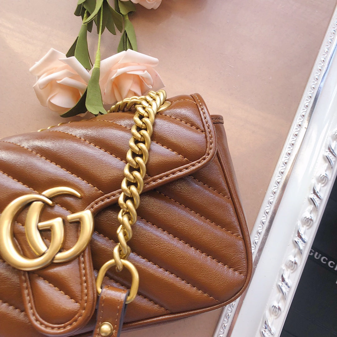 Gucci GG Marmont Small Matelassé Shoulder Bag in Brown Leather