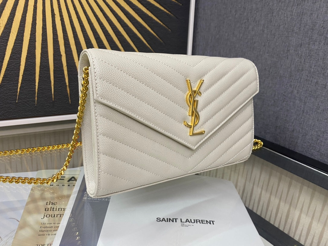 Saint Laurent Monogram Cassandre Wallet on Chain - White Quilted Leather