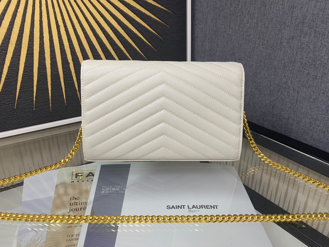 Saint Laurent Monogram Cassandre Wallet on Chain - White Quilted Leather