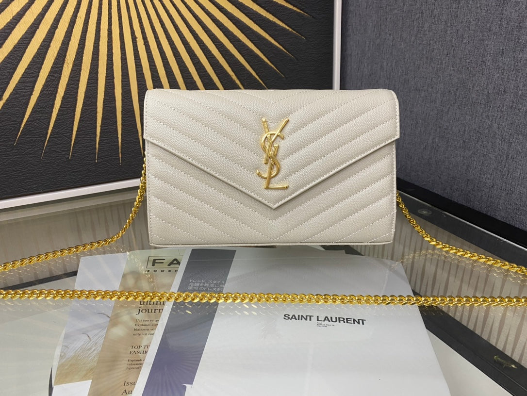 Saint Laurent Monogram Cassandre Wallet on Chain - White Quilted Leather
