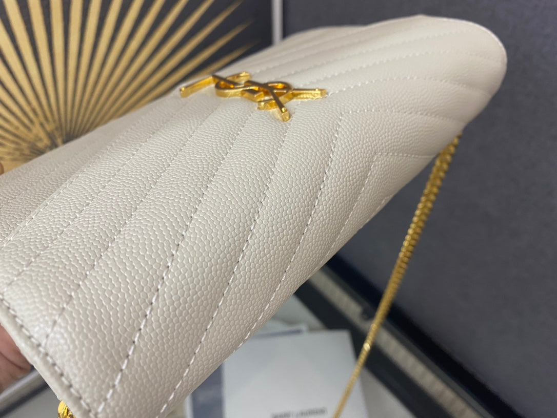 Saint Laurent Monogram Cassandre Wallet on Chain - White Quilted Leather