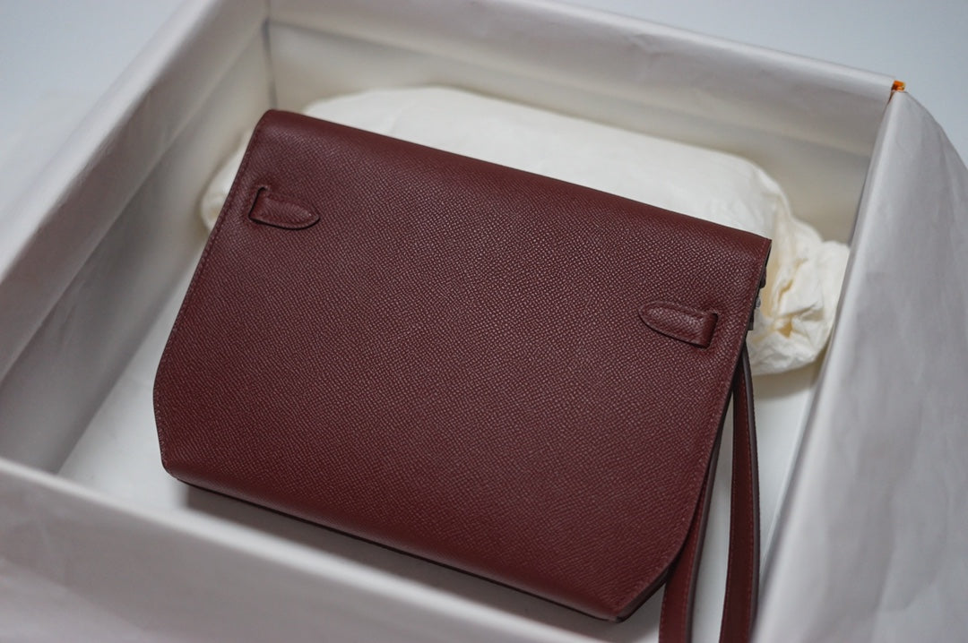 Elegant Burgundy Leather Envelope Clutch with Silver Hardware