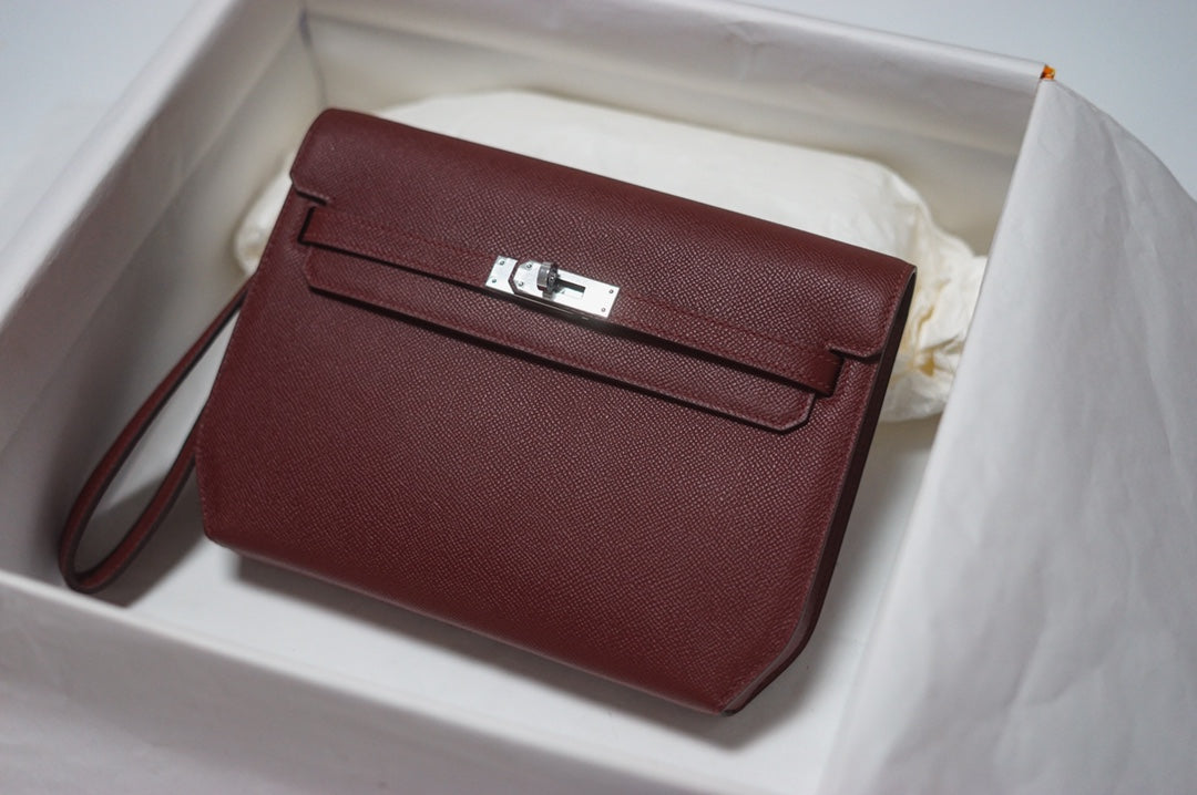 Elegant Burgundy Leather Envelope Clutch with Silver Hardware