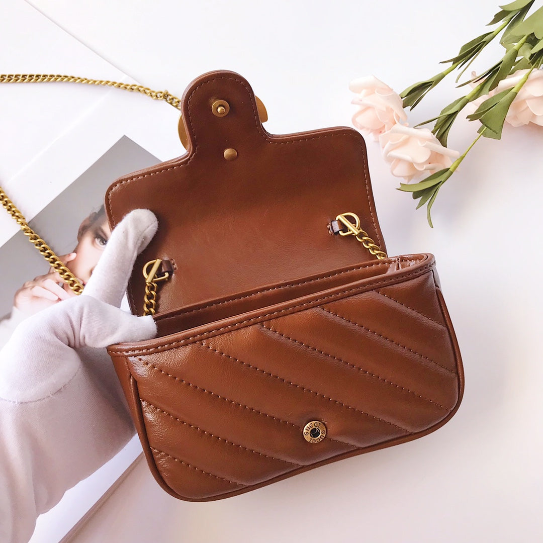 Gucci Brown Chevron Quilted Leather Shoulder Bag with Gold Chain