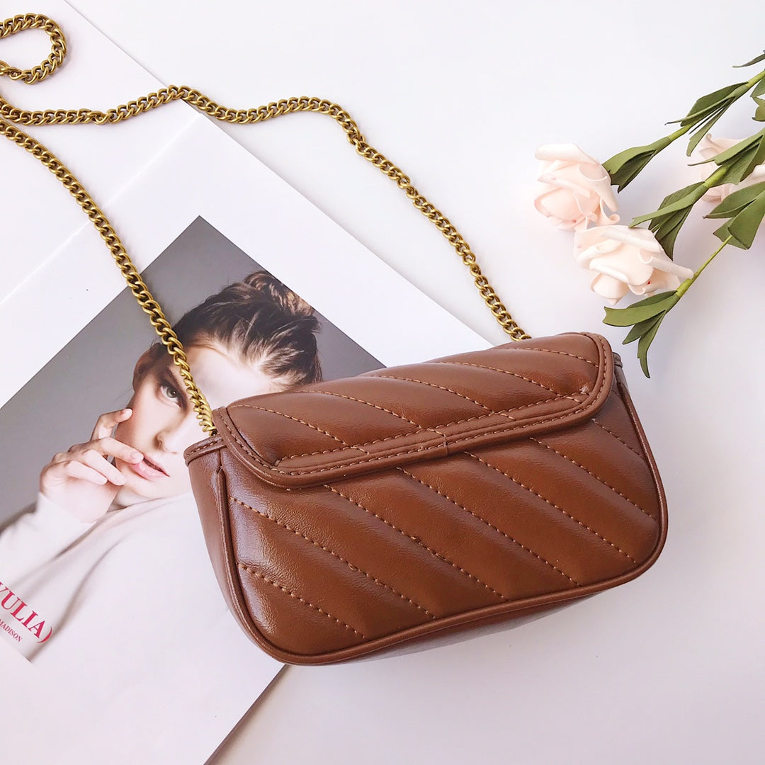 Gucci Brown Chevron Quilted Leather Shoulder Bag with Gold Chain
