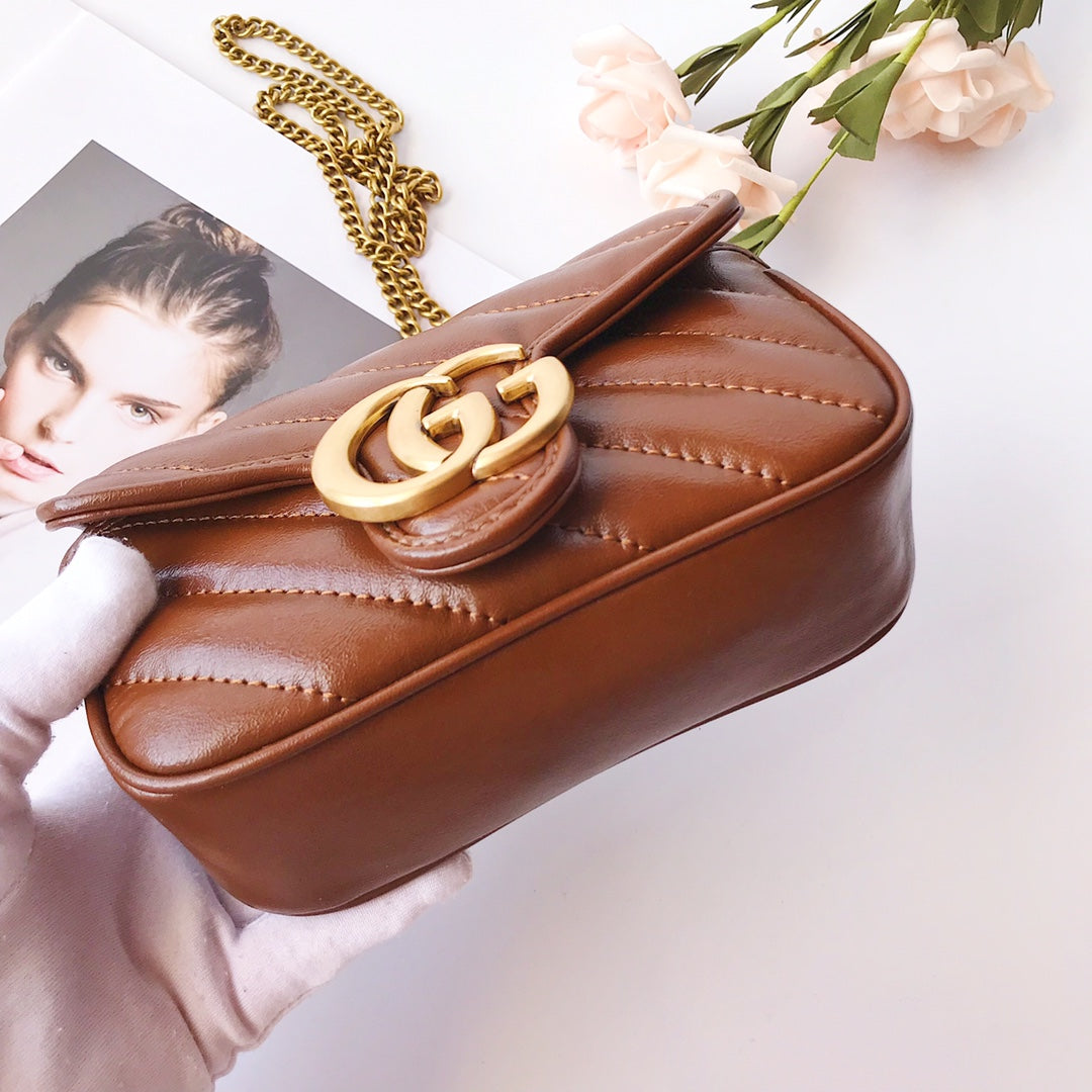 Gucci GG Marmont Small Matelassé Shoulder Bag - Brown Chevron Leather