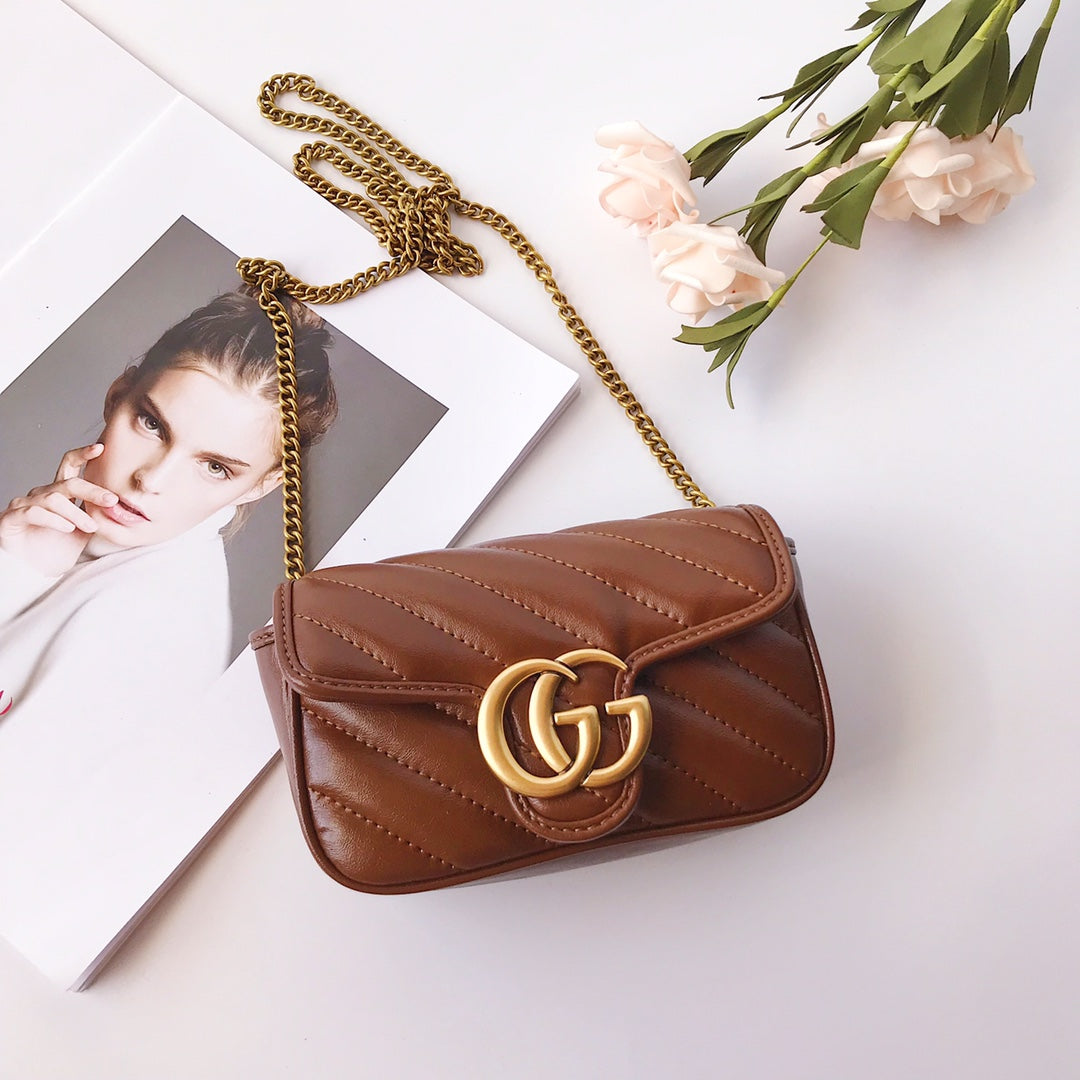 Gucci Brown Chevron Quilted Leather Shoulder Bag with Gold Chain
