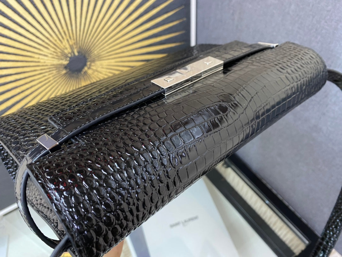 Saint Laurent Manhattan Small Shoulder Bag in Crocodile-Embossed Leather - Black
