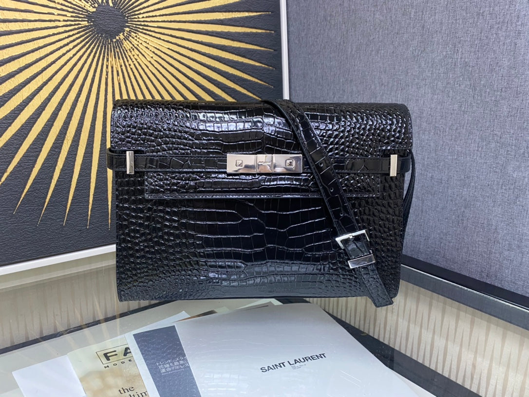 Saint Laurent Manhattan Small Shoulder Bag in Crocodile-Embossed Leather - Black