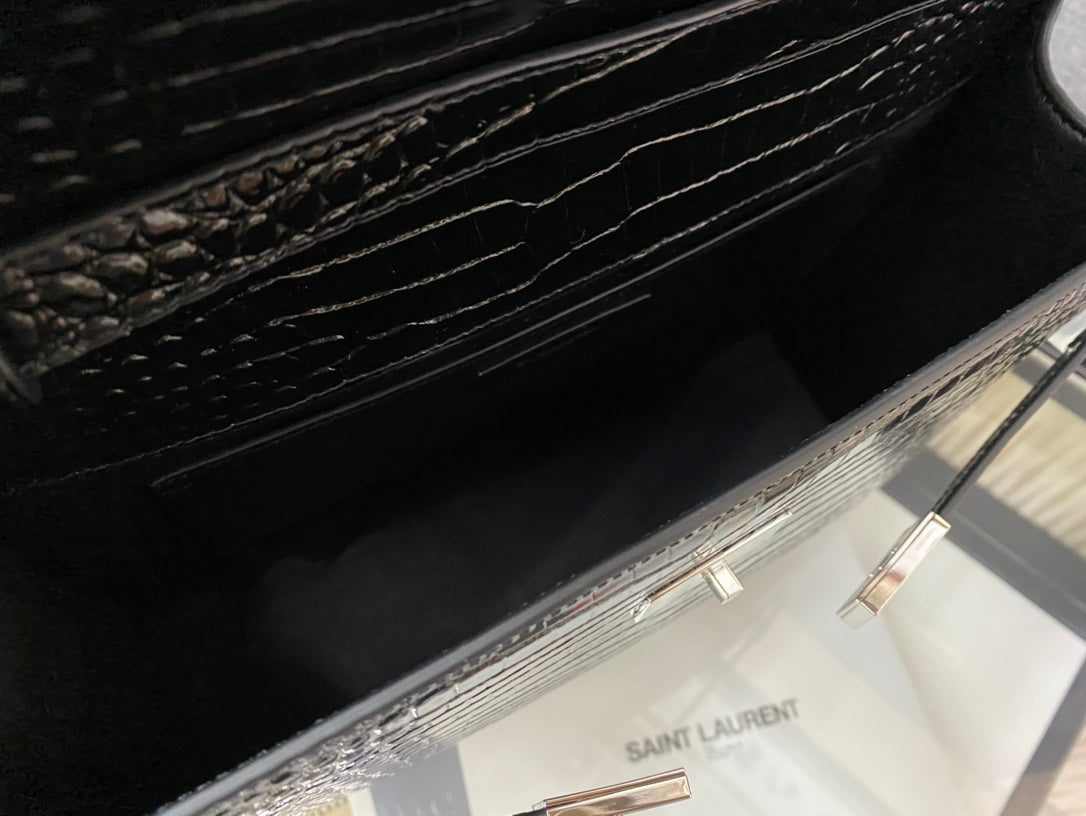 Saint Laurent Manhattan Small Shoulder Bag in Crocodile-Embossed Leather - Black