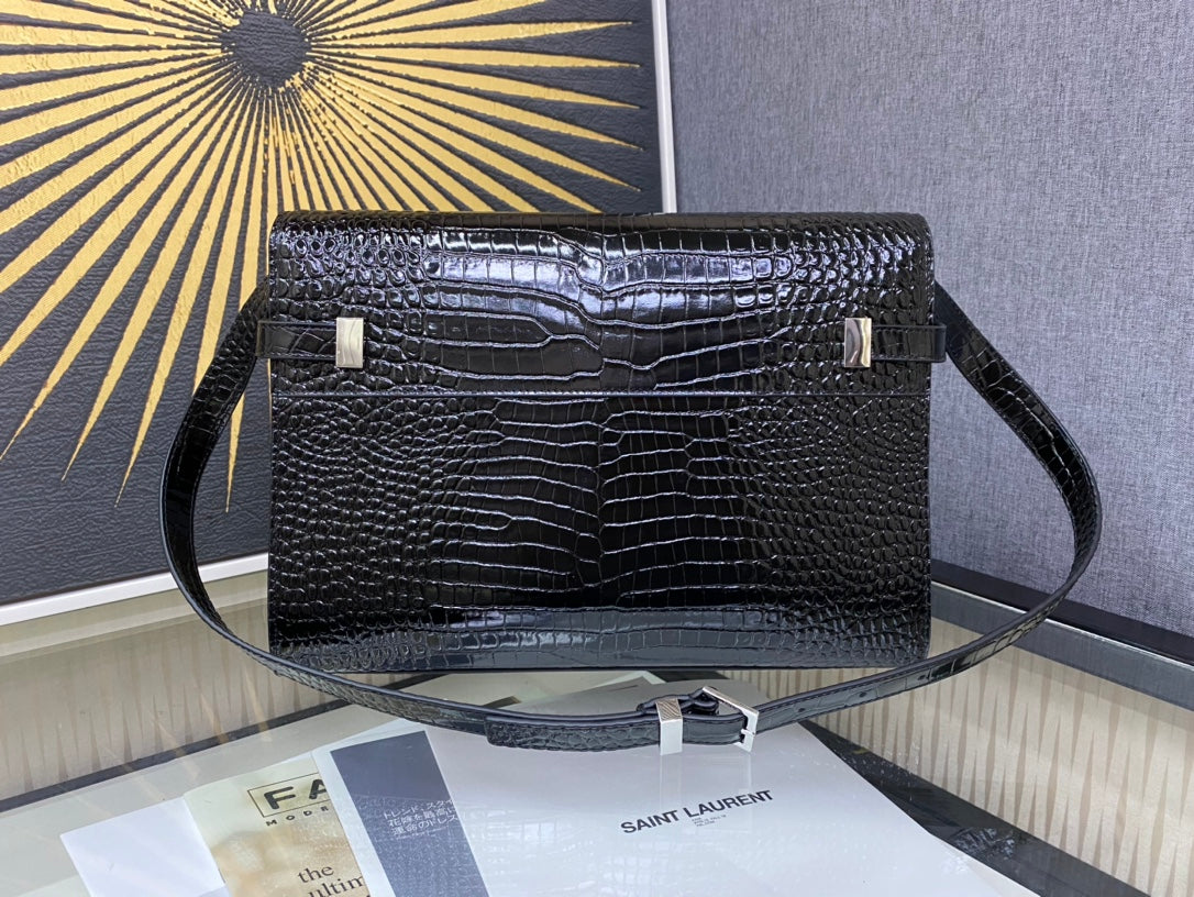 Saint Laurent Manhattan Small Shoulder Bag in Crocodile-Embossed Leather - Black