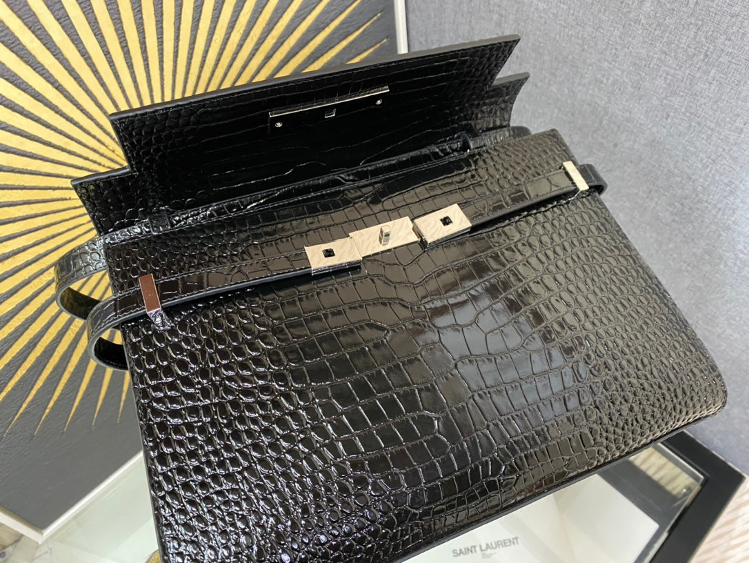 Saint Laurent Manhattan Small Shoulder Bag in Crocodile-Embossed Leather - Black