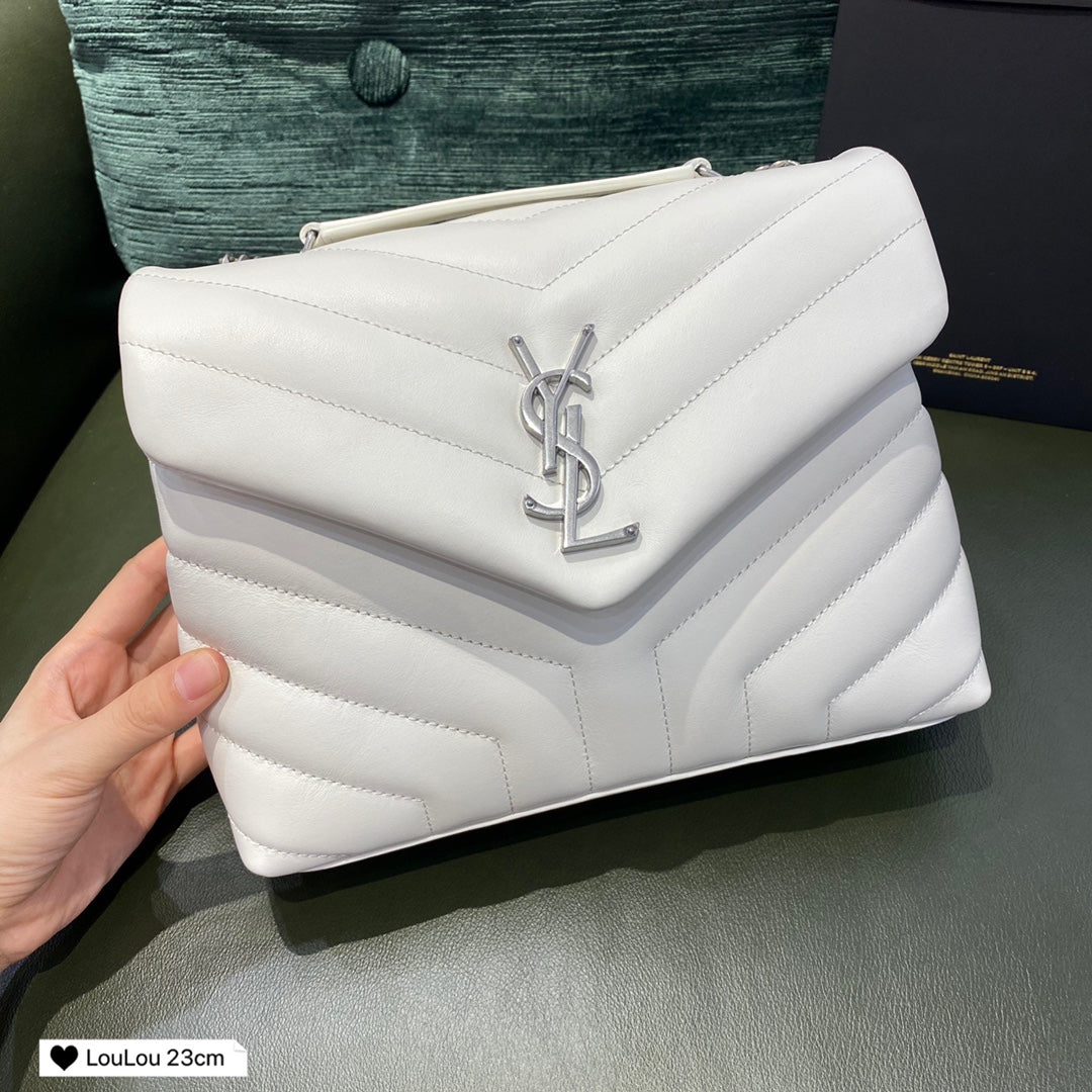 Saint Laurent Loulou Small Shoulder Bag in White Quilted Leather - 23cm