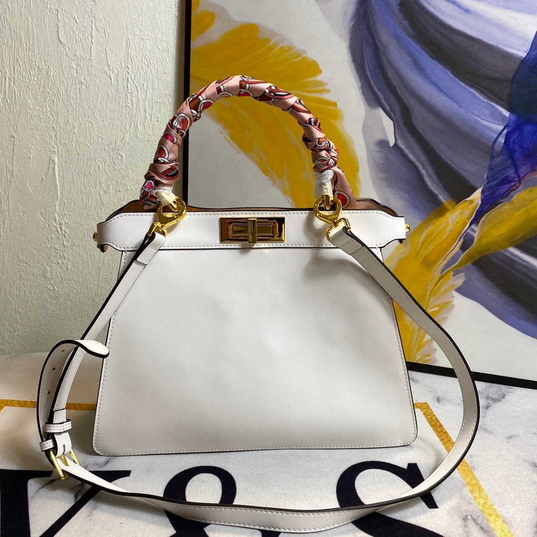 Elegant White Leather Top Handle Handbag with Scarf-Wrapped Handle and Shoulder Strap