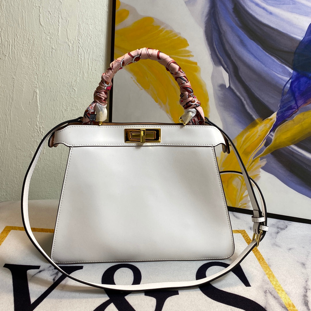 Elegant White Leather Top Handle Handbag with Scarf-Wrapped Handle and Shoulder Strap