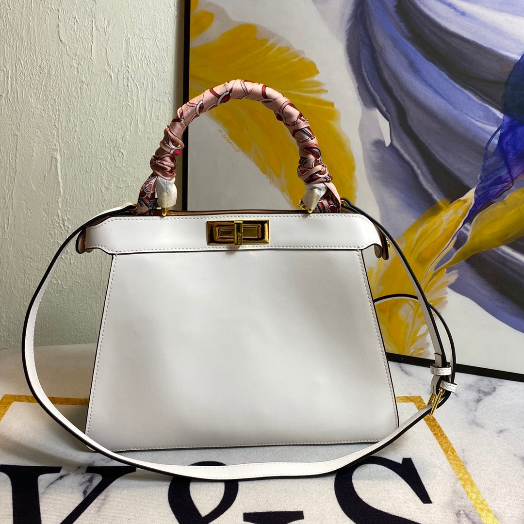 Elegant White Leather Top Handle Handbag with Scarf-Wrapped Handle and Shoulder Strap