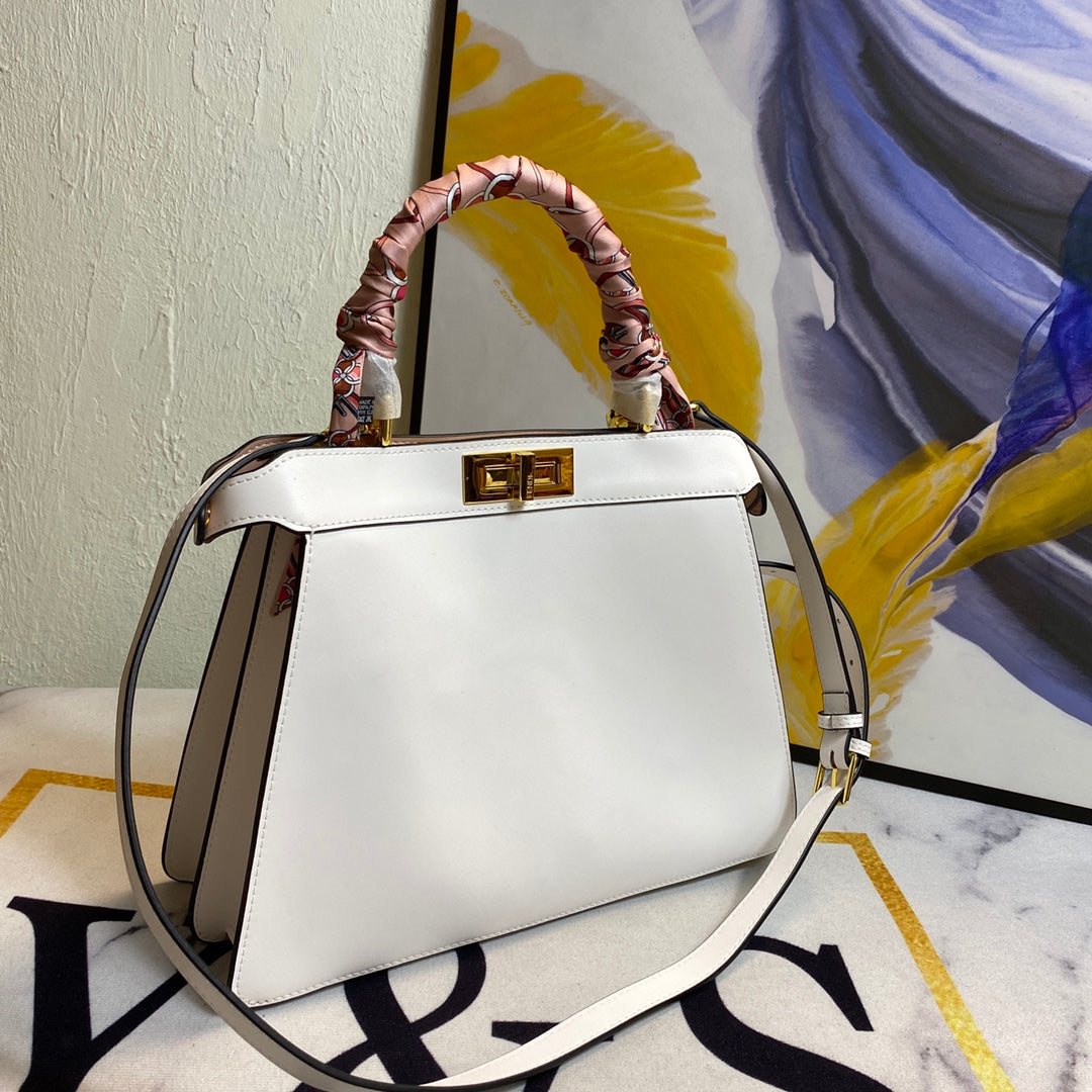 Elegant White Leather Top Handle Handbag with Scarf-Wrapped Handle and Shoulder Strap