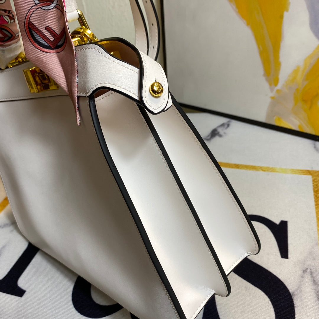 Elegant White Leather Top Handle Handbag with Scarf-Wrapped Handle and Shoulder Strap