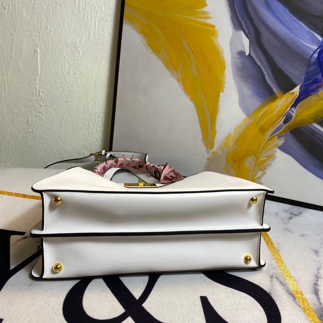 Elegant White Leather Top Handle Handbag with Scarf-Wrapped Handle and Shoulder Strap