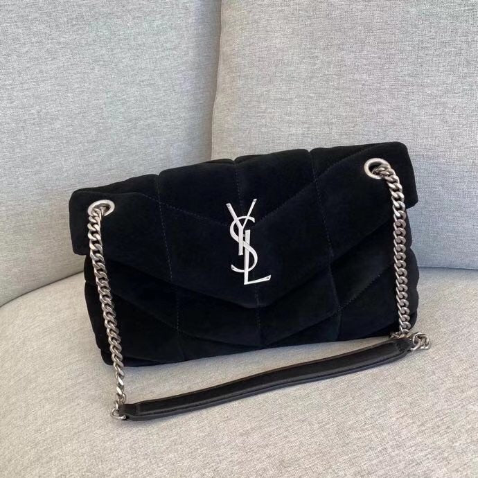 Saint Laurent Puffer Loulou Medium Shoulder Bag in Black Suede with Silver Hardware