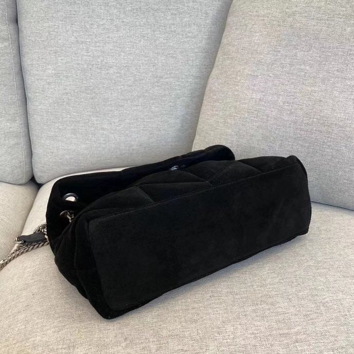 Saint Laurent Puffer Loulou Medium Shoulder Bag in Black Suede with Silver Hardware