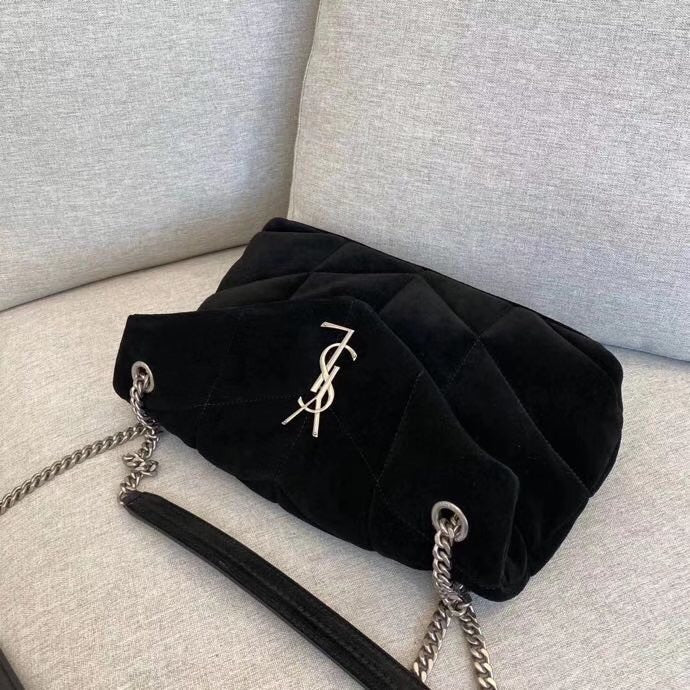 Saint Laurent Puffer Loulou Medium Shoulder Bag in Black Suede with Silver Hardware
