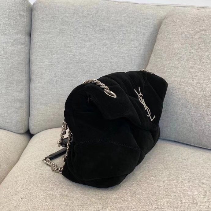 Saint Laurent Puffer Loulou Medium Shoulder Bag in Black Suede with Silver Hardware