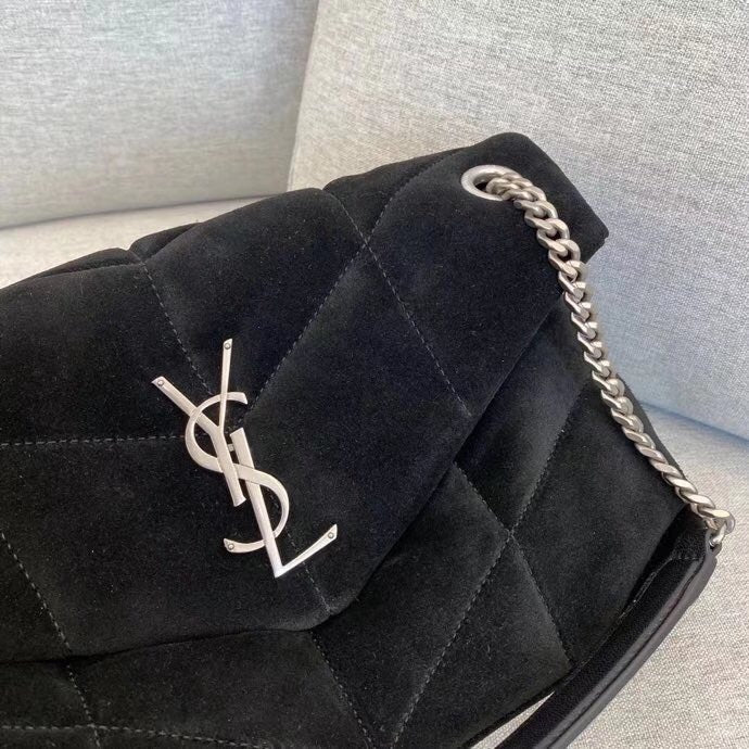 Saint Laurent Puffer Loulou Medium Shoulder Bag in Black Suede with Silver Hardware