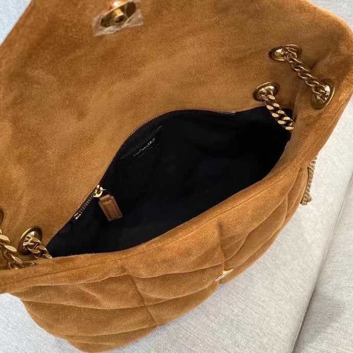 Saint Laurent Loulou Puffer Small Tan Suede Shoulder Bag
