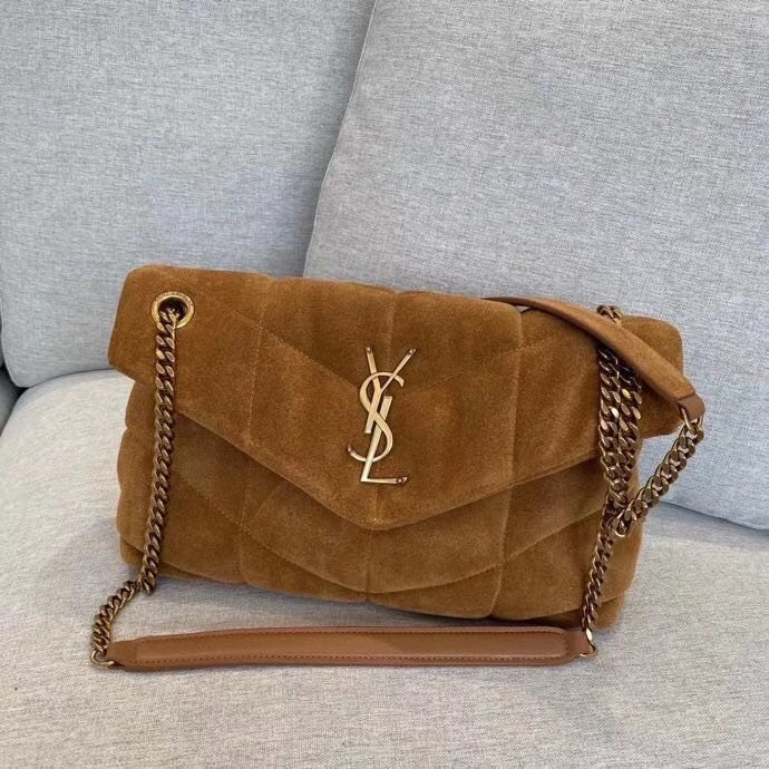 Saint Laurent Loulou Puffer Small Tan Suede Shoulder Bag
