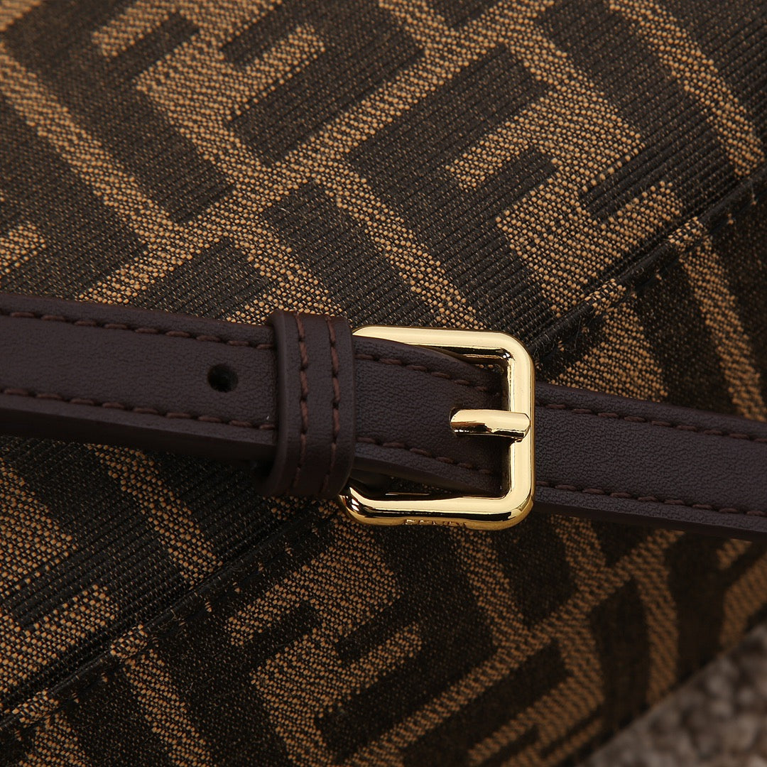 Fendi Monogram Zucca Canvas Mini Boston Bag - Brown Barrel Handbag with Shoulder Strap