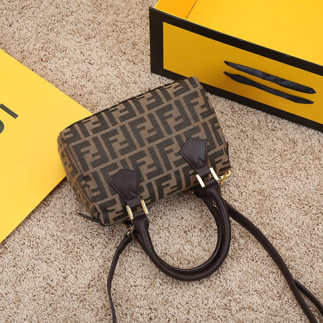 Fendi Monogram Zucca Canvas Mini Boston Bag - Brown Barrel Handbag with Shoulder Strap