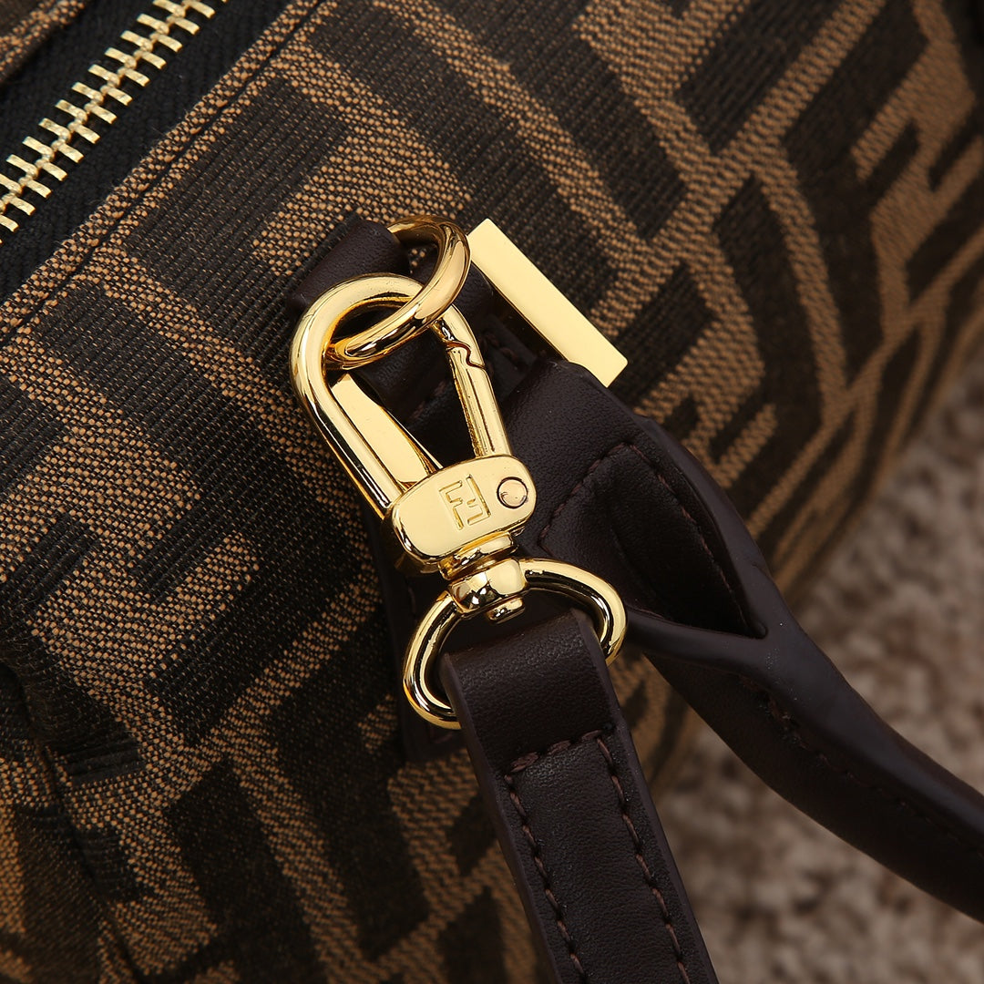 Fendi Monogram Zucca Canvas Mini Boston Bag - Brown Barrel Handbag with Shoulder Strap