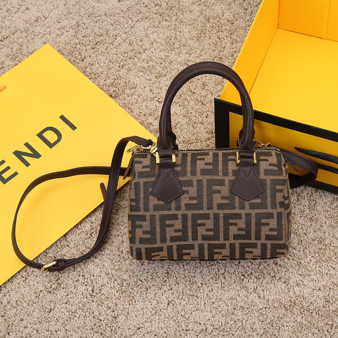 Fendi Monogram Zucca Canvas Mini Boston Bag - Brown Barrel Handbag with Shoulder Strap