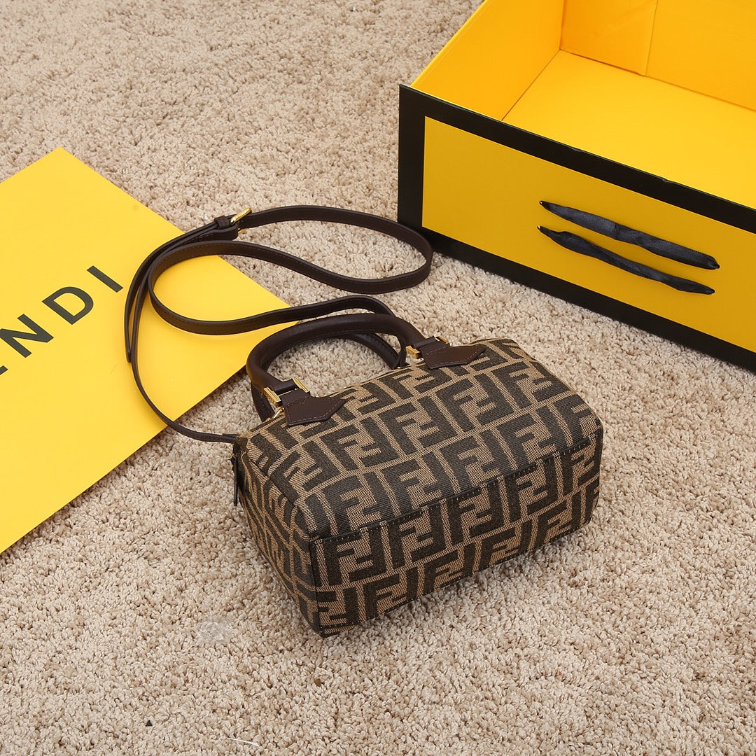 Fendi Monogram Zucca Canvas Mini Boston Bag - Brown Barrel Handbag with Shoulder Strap