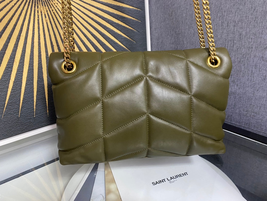 Saint Laurent Puffer Small Bag in Quilted Lambskin Leather - Olive Green