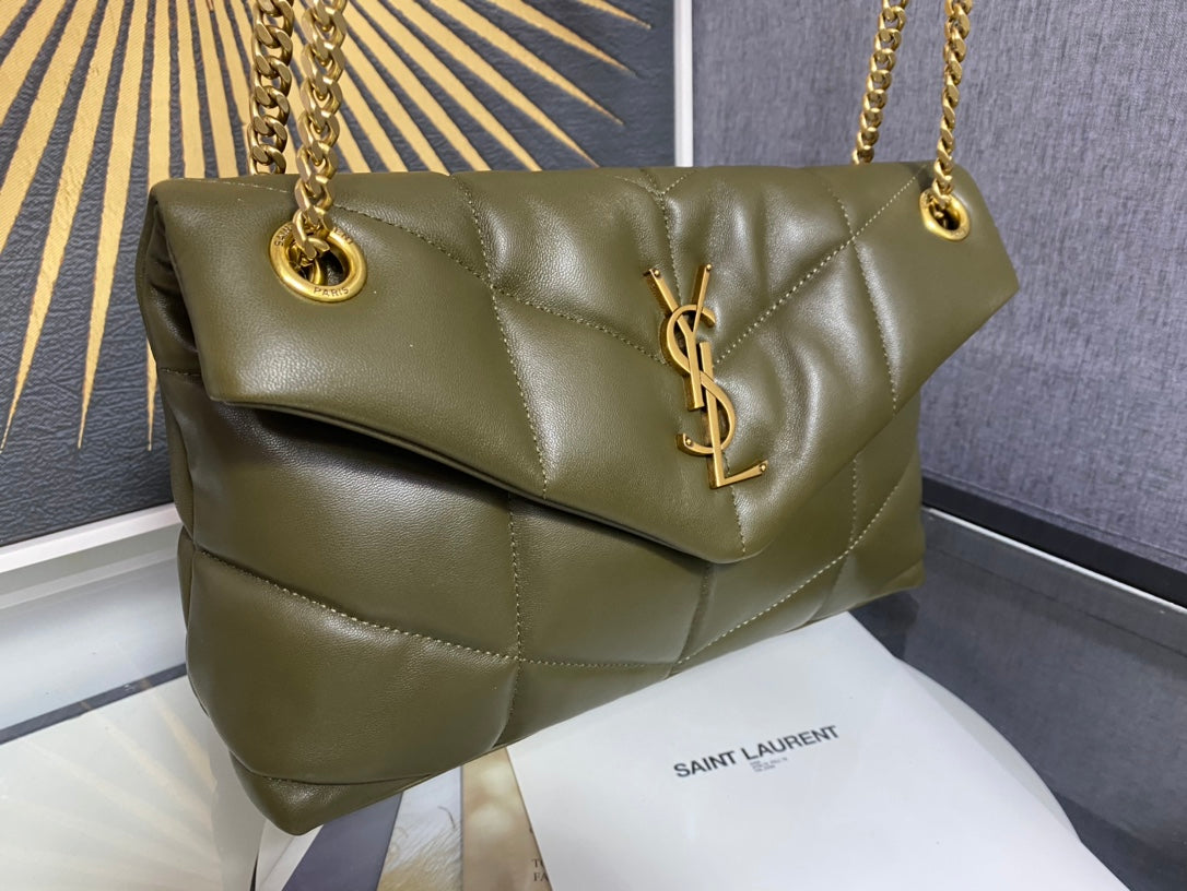 Saint Laurent Puffer Small Bag in Quilted Lambskin Leather - Olive Green