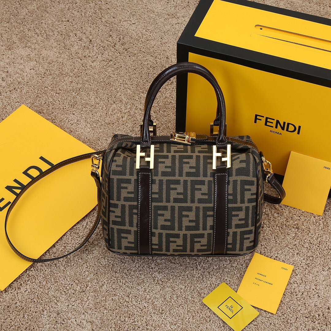 Fendi Zucca Monogram Canvas Boston Bag with Leather Trim and Shoulder Strap