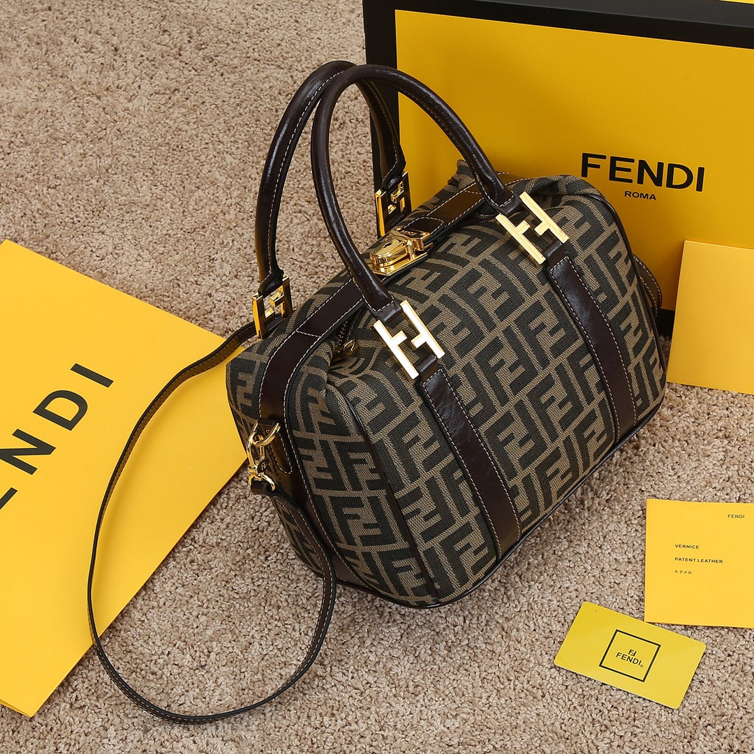 Fendi Zucca Monogram Canvas Boston Bag with Leather Trim and Shoulder Strap