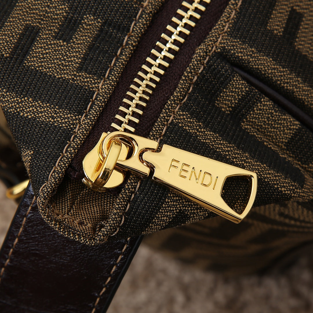 Fendi Zucca Monogram Canvas Boston Bag with Leather Trim and Shoulder Strap