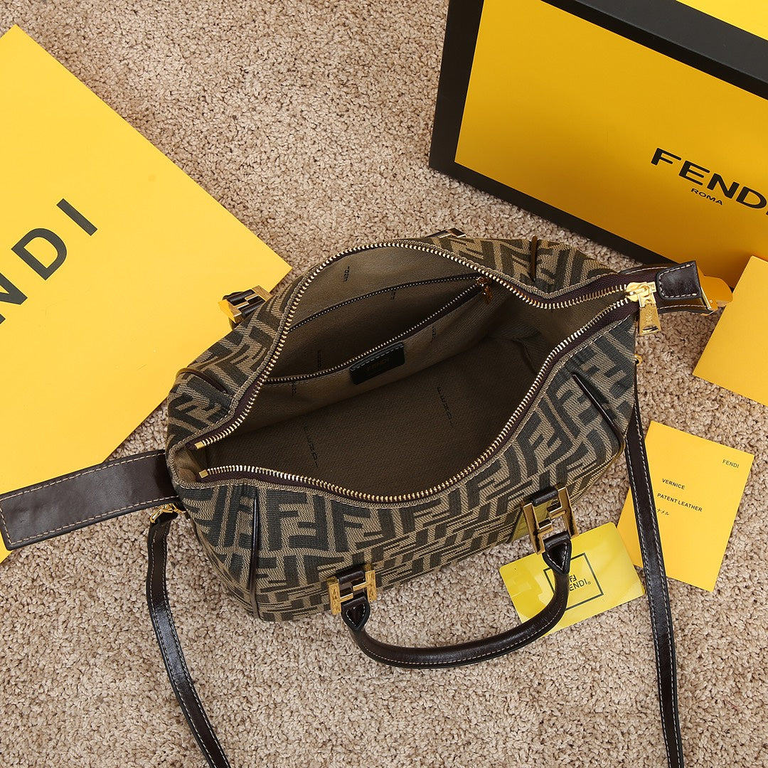 Fendi Zucca Monogram Canvas Boston Bag with Leather Trim and Shoulder Strap