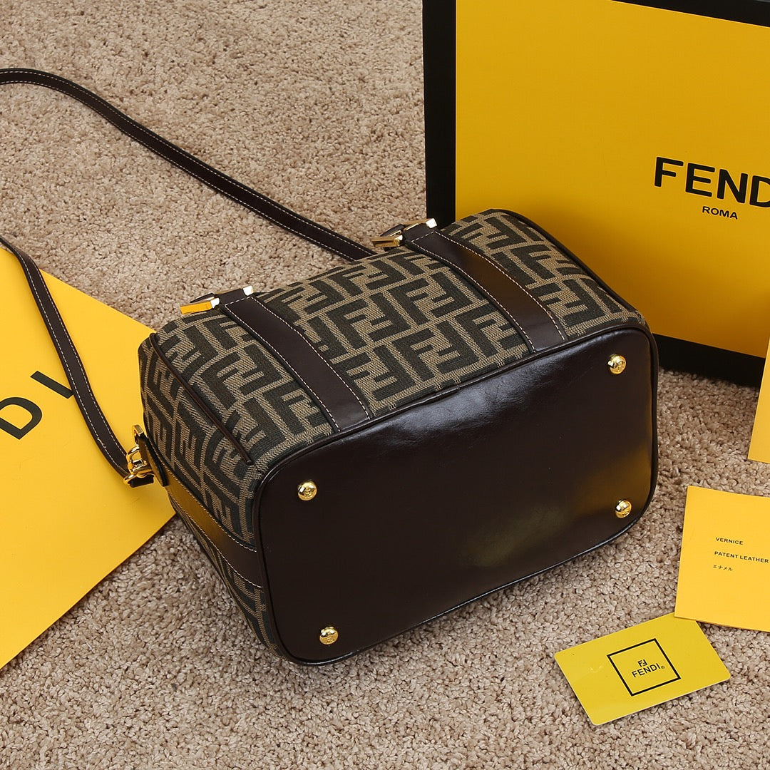 Fendi Zucca Monogram Canvas Boston Bag with Leather Trim and Shoulder Strap