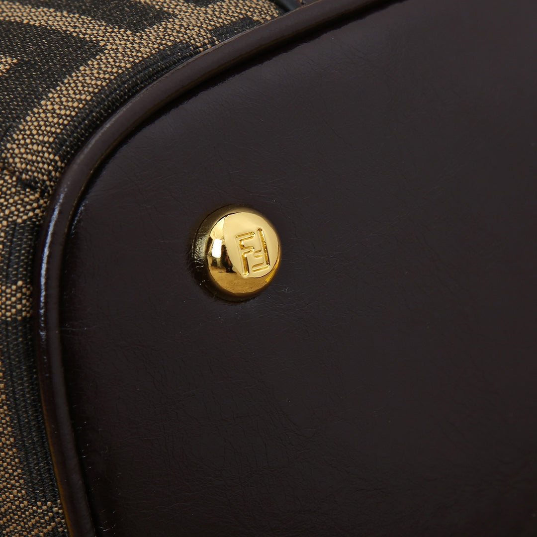 Fendi Zucca Monogram Canvas Boston Bag with Leather Trim and Shoulder Strap