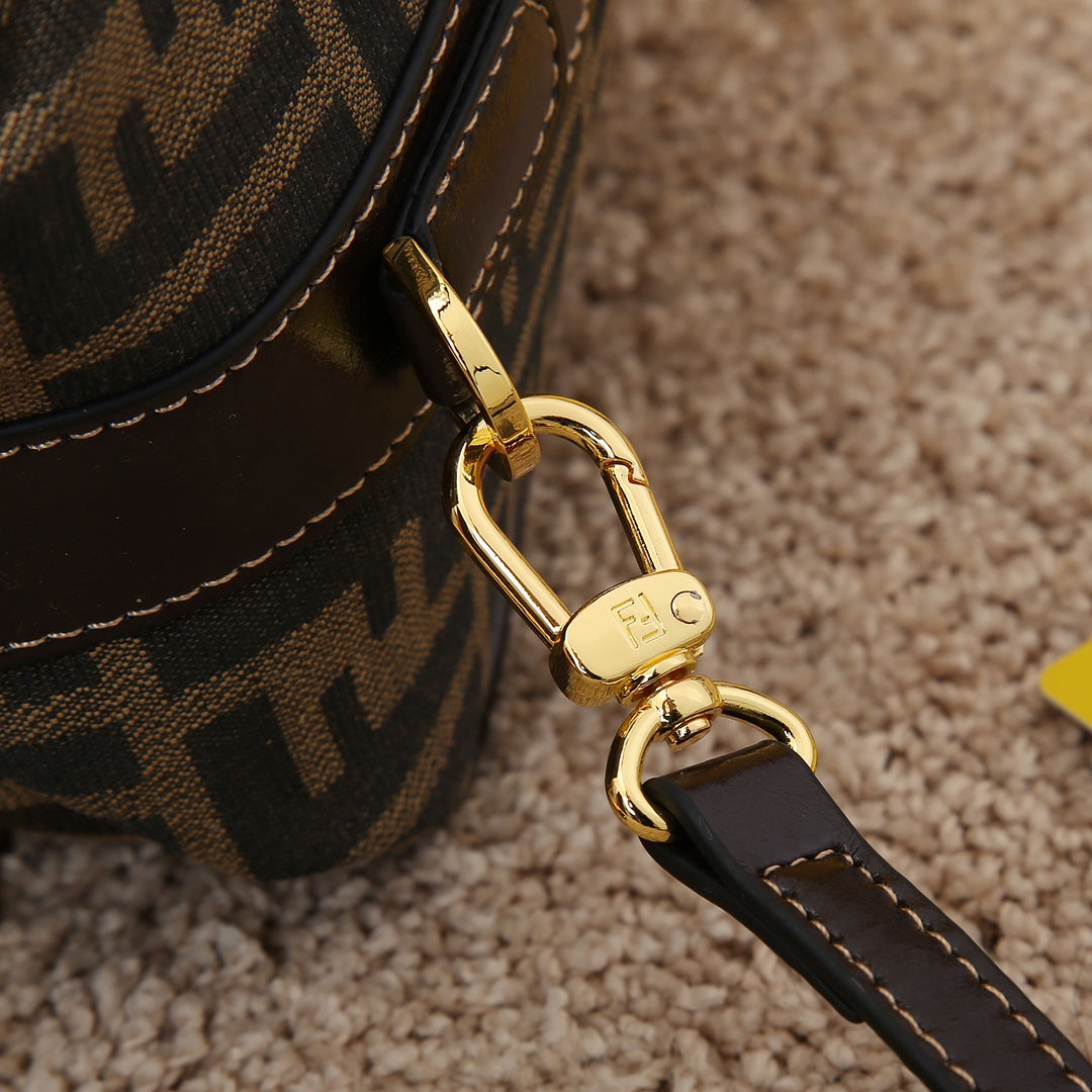 Fendi Zucca Monogram Canvas Boston Bag with Leather Trim and Shoulder Strap